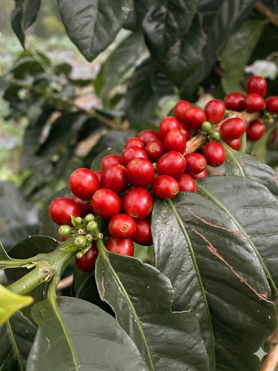 Coffee cherries ripening on the branch.